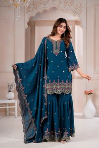 Conjunto Sharara Azul Bordado Tradicional Indio-Pakistaní, Salwar Kameez de Seda con Dupatta para Bodas y Fiestas, Largo hasta la Rodilla para Mujer - Product Image 3