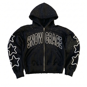 Sweat à capuche unisexe noir Snow Grace à fermeture éclair, coupe oversize, imprimé étoiles, en coton tricoté, décontracté, pour l'hiver - Product Image 1