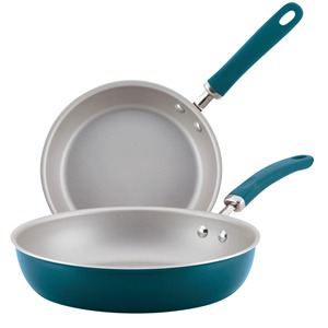 Juego de sartenes antiadherentes de cerámica, cuerpo redondo de aluminio, mango de silicona color verde azulado, solo se lavan a mano, para cocinas de gas e inducción. - Product Image 3
