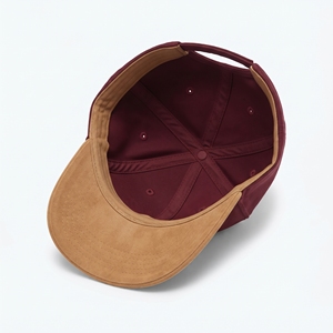 Casquette en coton brossé avec sangle arrière en cuir véritable gaufré, bordeau, visière en daim, 6 panneaux, réglable, unisexe, décontractée - Product Image 5