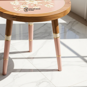Luxury Handcrafted Minakari Wooden Accent <b>Table</b> Vibrant & Floral Inlay <b>Stool</b> Premium Tapered Leg Pedestal <b>with</b> Gold Accents - Product Image 4