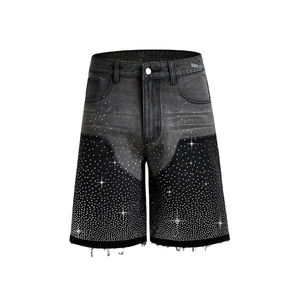 Pantalones Cortos de Mezclilla Negros para Hombre con Bolsillo de Pedrería, Cintura Alta Casual, Elástica, Cierre de Botón, Estilo de Secado Rápido - Product Image 1