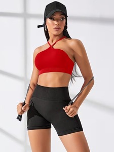 Female High Neck Keyhole Halter Gym Bra Ribbed Elastic Underband Wireless Fitness <b>Crop</b> <b>Top</b> Bulk Order Apparel Manufacturer - Product Image 6