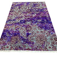 Tapis moderne vintage en laine noué à la main, motif floral vieilli, violet royal et turquoise ardoise brillant, à poils ras, avec franges, pour la maison