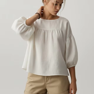 Women's Casual Linen Short Shirt with <b>Balloon</b> Sleeves Spring Summer Washable Simple Design - Product Image 1