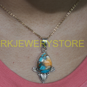 Pendentif en argent sterling 925 avec turquoise d'huître épineuse orange, fait main, style bohème vintage, motif feuille, bijou en pierre précieuse, cadeau unisexe pour elle - Product Image 2