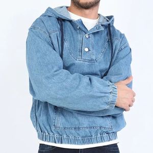 Veste en jean à capuche pour homme, coupe ample, boutonnée, décontractée, en coton délavé, couleur unie, style automne - Product Image 4