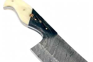 Cuchillo de Cocina Artesanal de Acero de Damasco con Hoja Ancha y Mango Híbrido de Resina y Hueso para Rebanar - Product Image 3