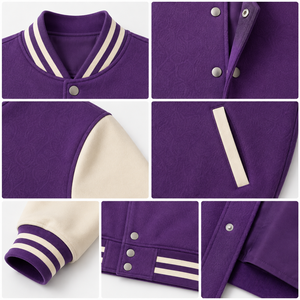 Chaqueta Varsity Personalizable Unisex Morada y Crema con Cierre de Broches, Mangas en Contraste, Ribete Acanalado y Bolsillos para Ropa Urbana - Product Image 5
