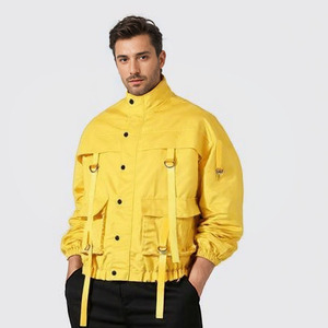 Men's Yellow Safari <b>Jacket</b> Stand Collar Waterproof Workwear Style <b>Canvas</b> Material Regular Fit Spring Season - Product Image 1