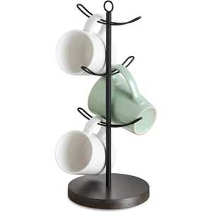 Support à tasses en fil métallique noir avec base ronde en bois, organisateur de comptoir de cuisine pour tasses à café - Product Image 1