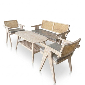 Juego de Muebles de Salón Modernos Escandinavos Malmo de Teca y Ratán con Acabado Blanqueado, Mesa de Centro Ovalada Premium con Estante y Sofá de Mimbre para Salón de Hotel - Product Image 2