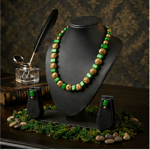 Ensemble collier et boucles d'oreilles en perles plaquées turquoise, style antique poli doré, bijoux pour femmes, cadeau de fête - Product Image 1