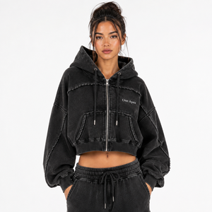 ONE APEX Sweat à capuche zippé oversize court pour femme, en molleton épais premium, respirant, doublé, délavé et vieilli, streetwear d'hiver - Product Image 4