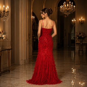 Luxury Red Floral Mermaid Evening Gown for Women | Spaghetti Strap Formal Maxi Dress | Elegant Prom Party Wedding Reception Wear - Product Image 2