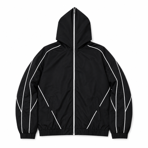 Unisex Black Hooded <b>Racer</b> <b>Jacket</b> Windproof Waterproof Zipper Closure Sporty Style Patchwork Front Design Summer Wear Regular Fit - Product Image 1