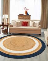Tapis rond en jute tressé fait main, bleu marine avec bordure blanche, écologique, style farmhouse bohème pour salon