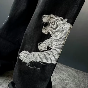 Pantalones Cargo de Mezclilla con Bordado de Dragón Estilo Chino para Hombre, Corte Holgado, Cintura Media, Algodón Negro, Ropa de Otoño - Product Image 3