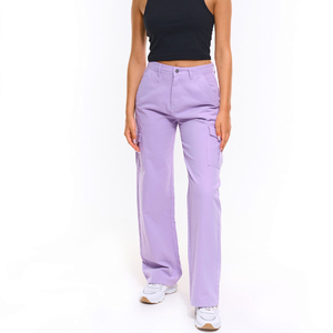 Pantalones Cargo Lavanda para Mujer, Cintura Media, Corte Holgado, Largos, Color Sólido, Estilo Casual, con Bolsillos, 100% Algodón, Transpirables, Pierna Ancha - Product Image 1