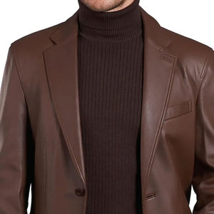 Men's Brown Genuine <b>Leather</b> <b>Long</b> <b>Jacket</b> Collar Casual Style Autumn Wear Regular Fit Solid Color - Product Image 5