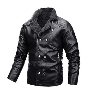 Chaqueta de Moto para Hombre de Cuero PU, Cuello Alto, Cierre de Cremallera, Corte Ajustado, Resistente al Viento, Abrigo de Invierno Negro con Forro de Piel Sintética - Product Image 1