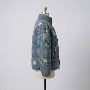 Chaqueta Acolchada Estilo Bomber Vintage de Otoño con Cuentas de Perlas y Tachuelas Metálicas, Cuello Alto, Estilo Casual y Urbano - Product Image 3