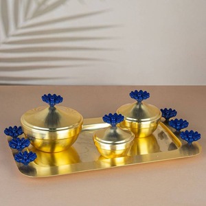 Golden Brass Chinese Incense Burner Set with Blue Flower Tops Aromatherapy Diffuser Flower Decor All-Season Use - Product Image 2