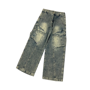 Pantalon cargo en denim délavé à taille haute pour homme, coupe ample, style décontracté avec grandes poches, idéal pour l'automne - Product Image 1