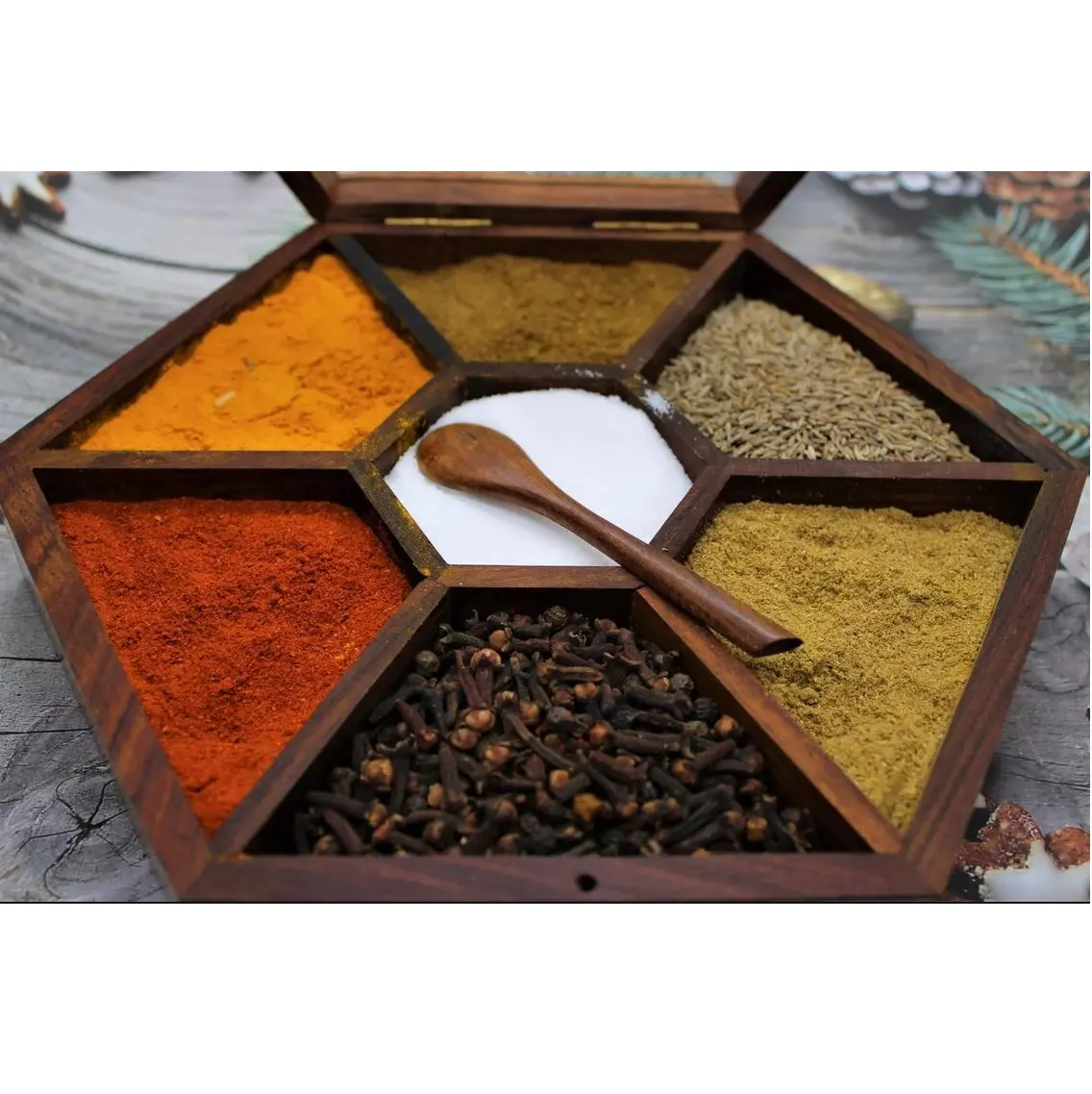 Caja de especias india hecha a mano y pintada a mano de madera Sheesham, caja de especias de madera, armario de cocina y restaurante al por mayor