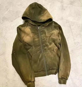Custom Logo Cotton Men's <b>Cropped</b> Oversized Sun Faded Vintage Graphic Acid Wash <b>Zip</b> <b>Up</b> <b>Hoodie</b> Wholesale - Product Image 3
