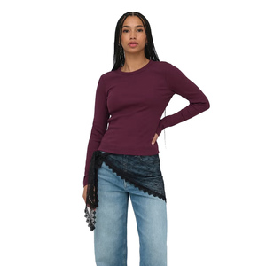 Camiseta de Punto para Mujer, Color Borgoña, Manga Larga, Cuello Redondo, Ajustada, de Algodón y Elastano, Estilo Casual - Product Image 5