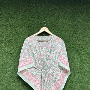 Indian Handmade Cotton <b>Kaftan</b> Women's Long V-Neck <b>Maxi</b> Floral Block Print Cotton <b>Kaftan</b> Dress Indian <b>Maxi</b> Loungewear - Product Image 1