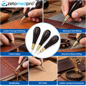 3 Piece Leather Stitching <b>Awl</b> Set with Ebony Wooden Handles for Leathercraft Piercing <b>Sewing</b> and Repair ZetomedPro - Product Image 2