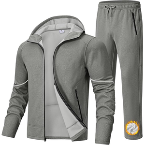 Men's Hooded Thermal Tracksuit Set Gray Cotton Polyester Knitted Casual Winter Sport Wear Full Zip Jacket <b>Pants</b> - Product Image 1