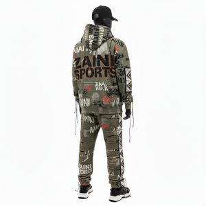 Alta calidad 350 GSM hombres chándal verde oliva tela de lana impresa Sudadera con capucha y Jogger conjunto diseño personalizado hombres chándal - Product Image 4