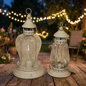 Farol de Vidrio Vintage con Marco Metálico, Acabado Blanco, Decoración para el Hogar, Portavelas, Forma de Cilindro Vacío - Product Image 6