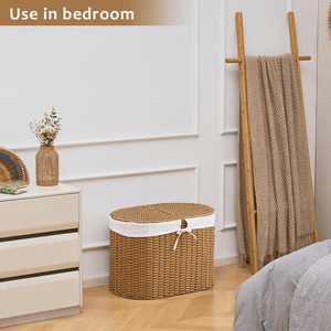 Handwoven Natural Laundry <b>Hamper</b> with Lid Oval Shape for Convenient <b>Storage</b> - Product Image 4