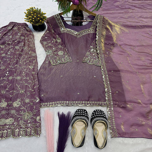 New Beautiful Purple Silk <b>Top</b>-Sharara Dupatta Set Embroidery <b>Sequins</b> Work Fully Stitched Ready Wear Diwali <b>Party</b> Wedding Wear - Product Image 1