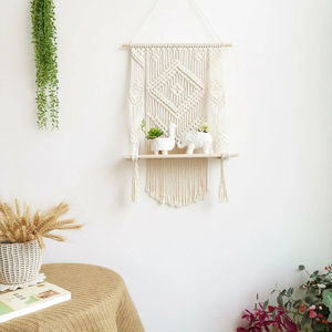 Simple Unique Macrame Wall Hanging Cotton Rope with <b>Pine</b> Wooden <b>Shelf</b> Bohemian Handmade Decorative Wall Hanging for Home Décor - Product Image 4