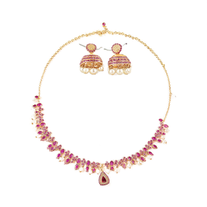 <b>Ruby</b> Short <b>Necklace</b> Set with Jhumki Earrings-18K Gold Plated Zircon Bridal Jewelry - Product Image 2