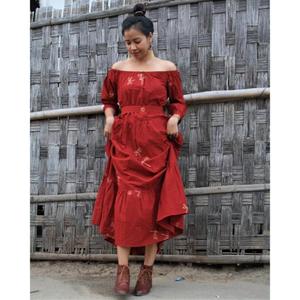 Vestido Rojo de Mujer con Cuello en V, Mini, de Punto, con Mangas Abullonadas, Estilo Boho, Casual, para Fiestas, Vacaciones, de Algodón Transpirable, Vintage, Bordado - Product Image 2