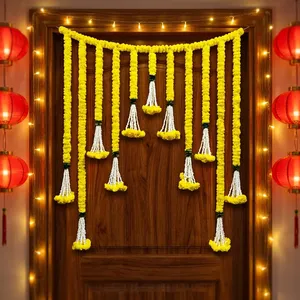 Traditional Yellow Marigold Flower Toran with Pearl Tassel Hangings for Wedding Festival <b>Home</b> Entrance Wall Decoration - Product Image 1