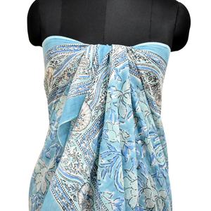 Sarong étnico hecho a mano para mujer, chal de algodón azul cielo Floral, bloque impreso, cubierta de playa, Pareo, estola india, chales tradicionales - Product Image 3