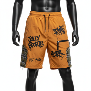 Pantalones cortos cortavientos de poliéster para hombre, color mostaza naranja, paneles laterales a cuadros, estampado serigrafiado, logotipo personalizado, pantalones cortos para hombre - Product Image 6