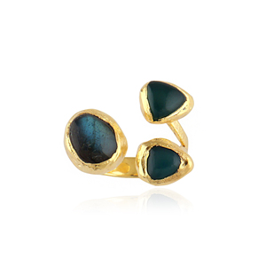 Bague ouverte de forme organique minimaliste avec cabochon en labradorite, onyx vert, apatite et pierre de jade, plaquée or 18 carats, triple pierres précieuses - Product Image 1