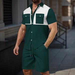 Men Color <b>Blocked</b> Short Sleeve Shirt With Double Pockets And Matching Shorts Casual Summer Two Piece Set <b>Waffle</b> Knit Breathable - Product Image 4