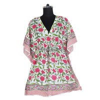 Gaun Kaftan Wanita 100% Katun Cetak Blok Tangan KFCS062 Ringan untuk Acara Santai