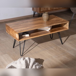 Mesa de centro minimalista Vandana Golden Texture con tablero de acacia y nicho central - Product Image 3