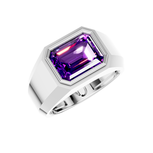 Unisex Sterling Silver <b>Ring</b> Lab Grown Emerald Cut Amethyst White <b>Gold</b> Bezel <b>Set</b> Classic High Quality Certified for Wedding - Product Image 1