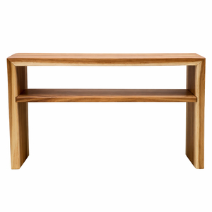 Table console élégante et moderne en bois massif écologique, durable et raffinée, avec étagère à double niveau, pour appartement de luxe. - Product Image 2